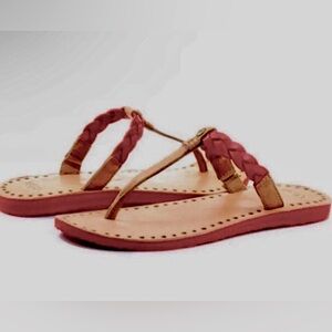 UGG leather “Bria” tan & coral red braided flip flop sandals size 9 GUC 🎉SALE
